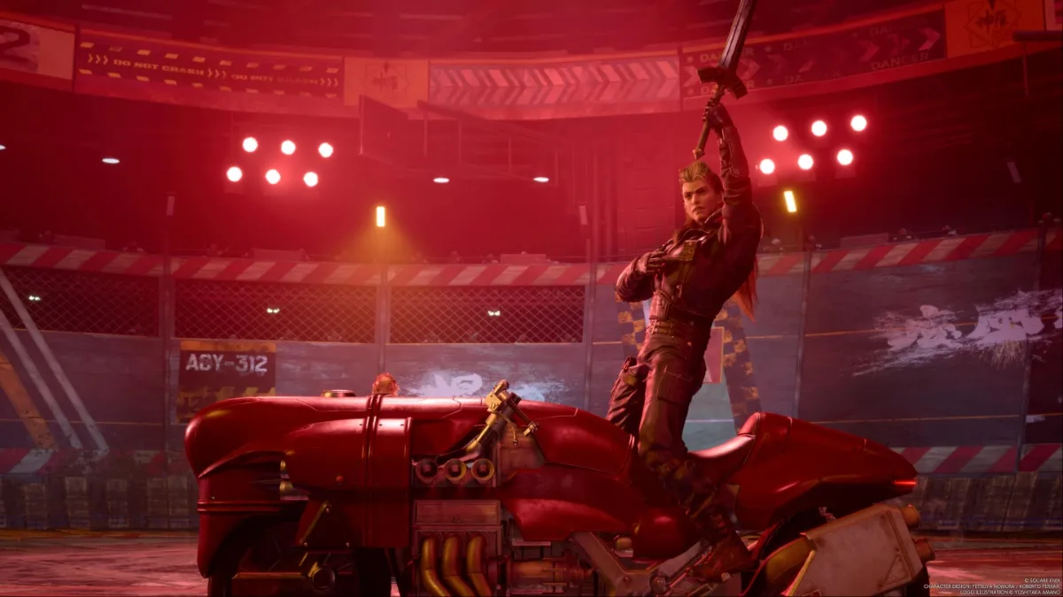 Final Fantasy 7 Screenshot of Roche holding up a sword atop his motorcycle in an arena at Junon
