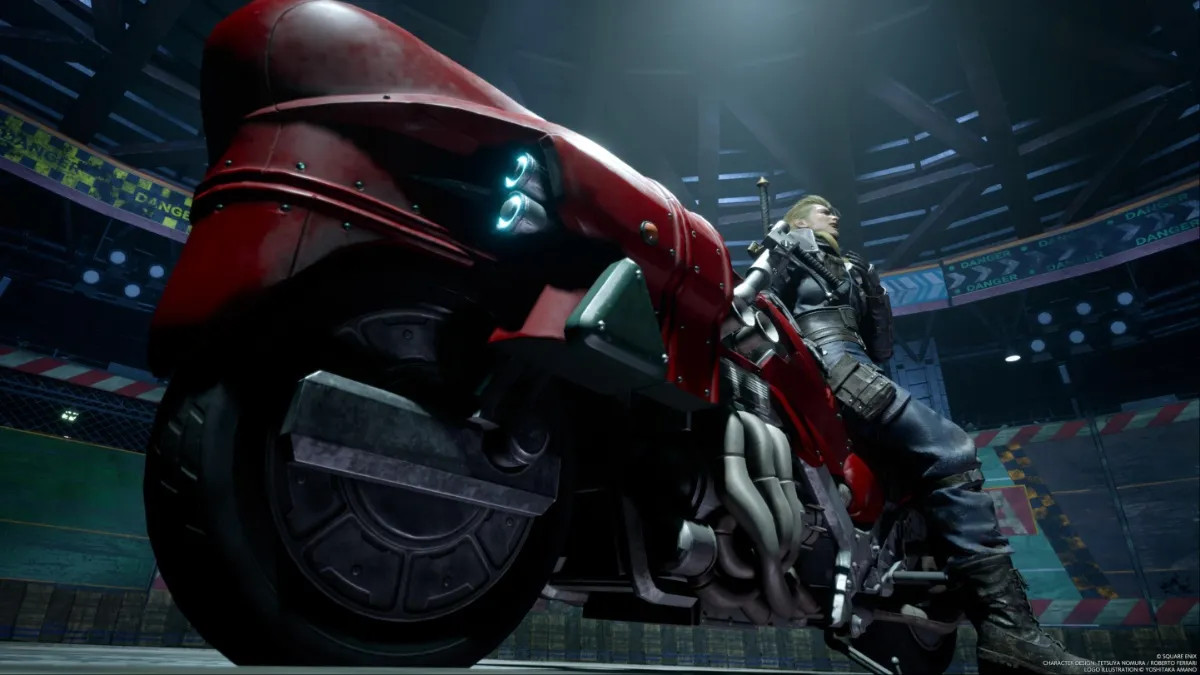 Final Fantasy 7 Rebirth screenshot of Roche leaning against his motorcyle at Junon