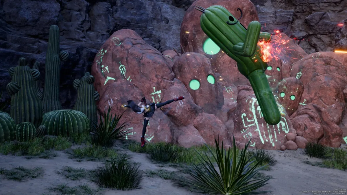 FF7 Rebirth screenshot of Tifa kicking a Gigantuar in the Corel region