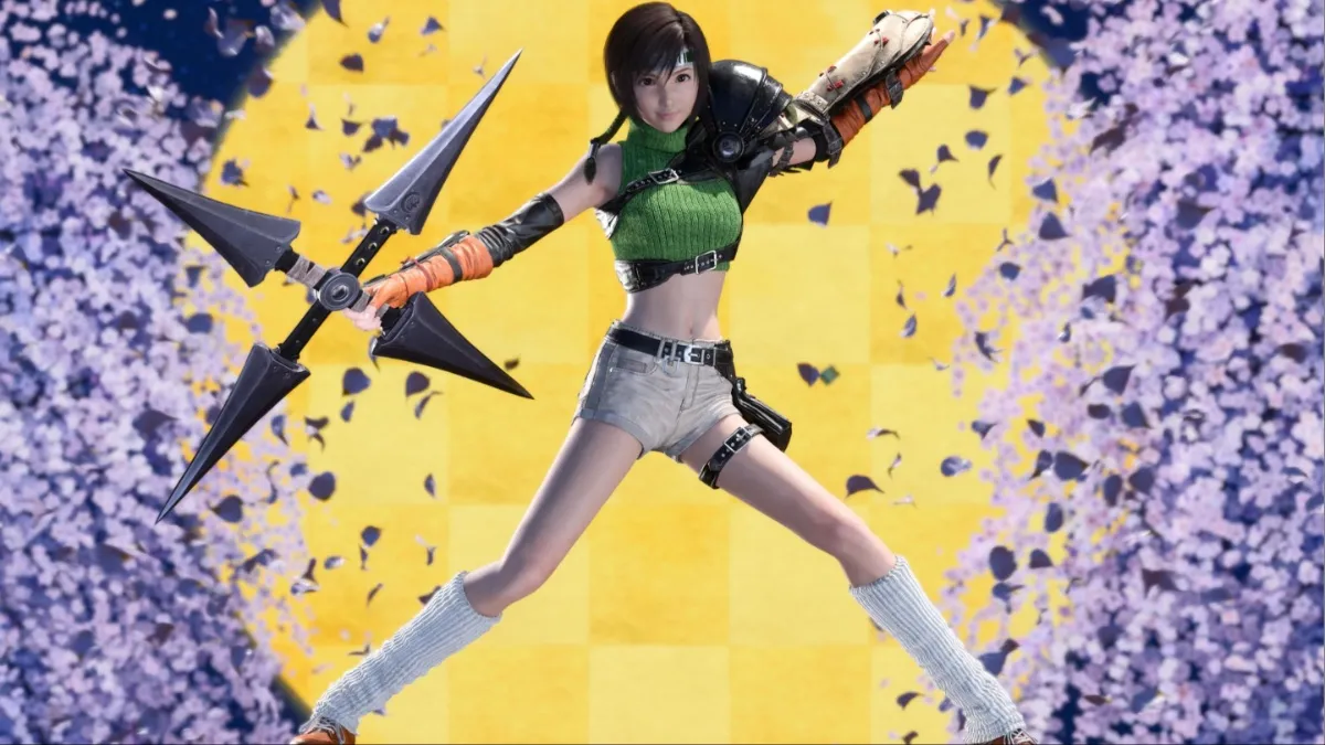 FF7 Rebirth screenshot of Yuffie posing in front of a moon and cherry blossoms