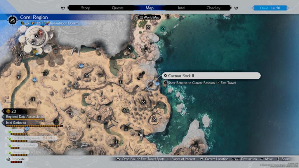 Una imagen que muestra un mapa de la región de Corel en Final Fantasy 7 FF7 Rebirth que resalta la ubicación de Cactuar Rock 3.