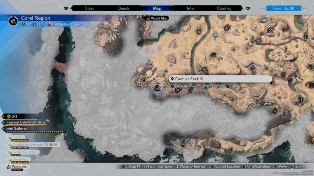 Una imagen que muestra un mapa de la región de Corel en Final Fantasy 7 FF7 Rebirth que resalta la ubicación de Cactuar Rock 2.