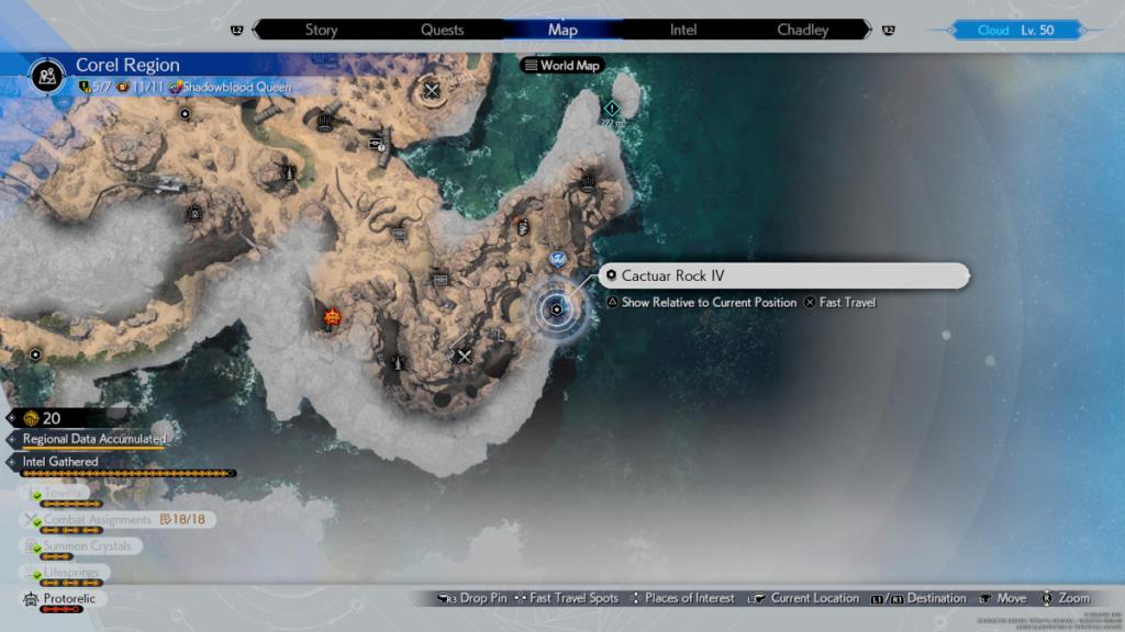 Una imagen que muestra un mapa de la región de Corel en Final Fantasy 7 FF7 Rebirth que resalta la ubicación de Cactuar Rock 1.