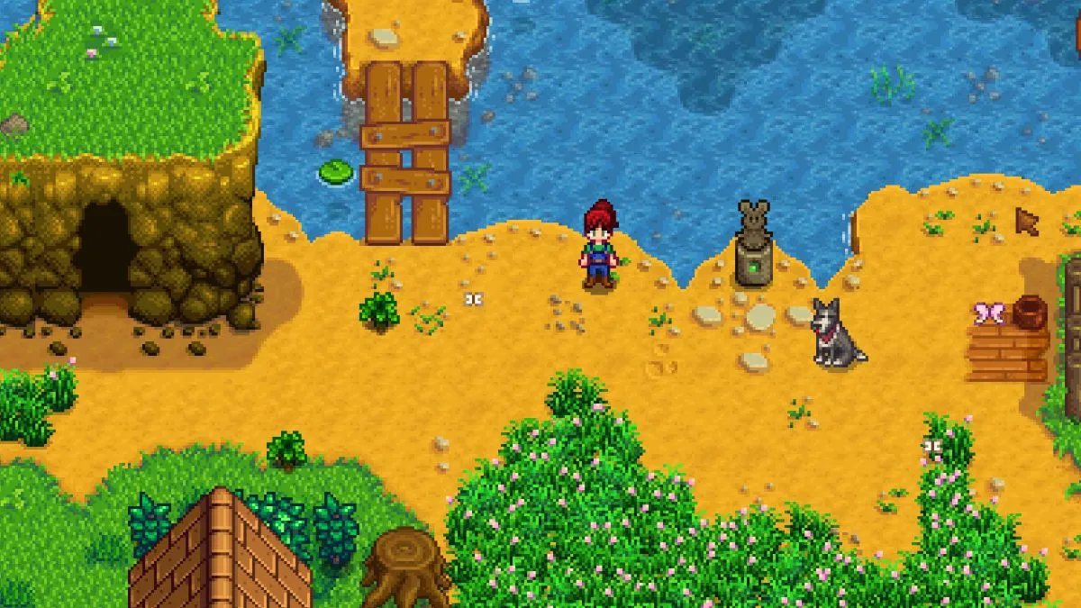 Screenshot of the Riverlands Farm in Stardew Valley, with the avatar standing near the water