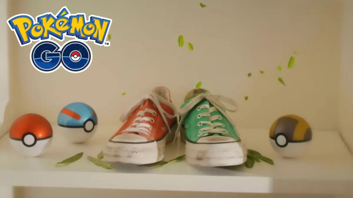 Image of several PokeBalls on a shelf near some mismatched Converse tennis shoes, with the Pokemon GO logo in the corner