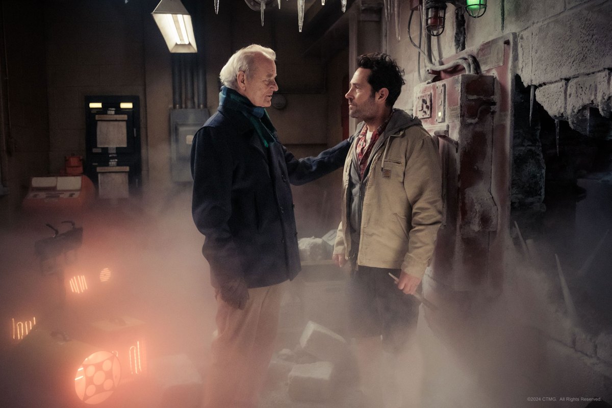 Bill Murray and Paul Rudd stand in a cold room in a still from Ghostbusters: Frozen Empire.