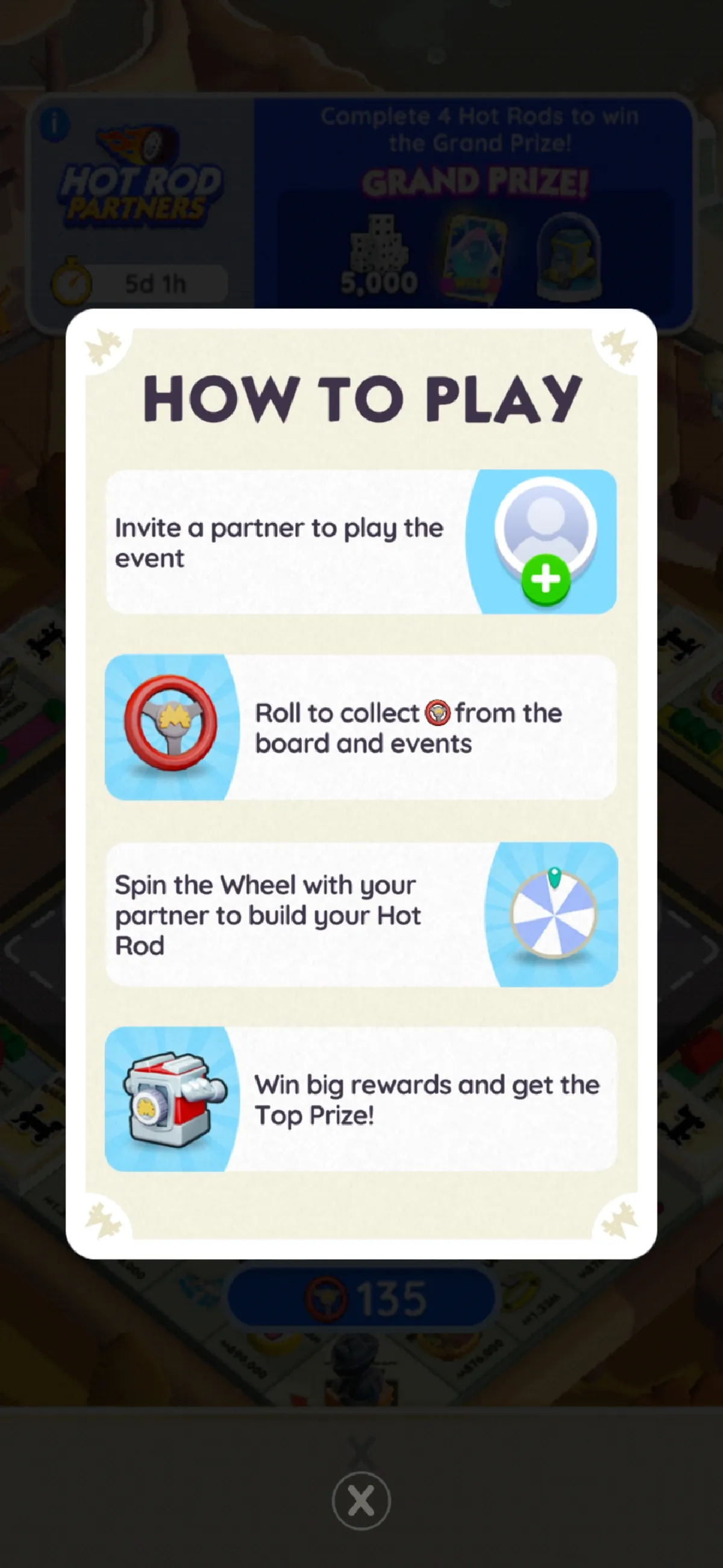 An image showing the directions for the Hot Rod Partners event in Monopoly GO as part of a list of all the rewards and milestones available as part of it.