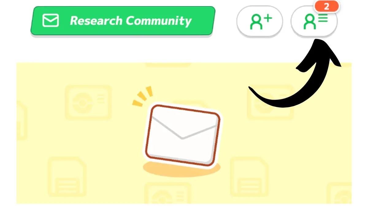 Image of the Research Community menu in Pokemon Sleep with an arrow pointing to the friend request icon