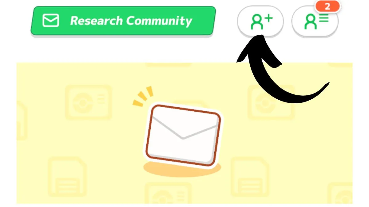 Image of the Research Community in Pokemon Sleep, with an arrow pointing to the "add friends" icon