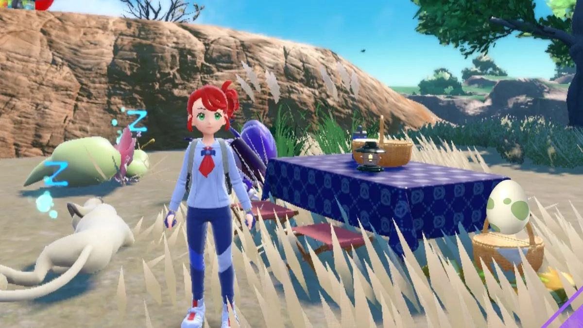 Screenshot of an avatar in Pokemon Scarlet & Violet having a picnic, with an egg on top of the basket