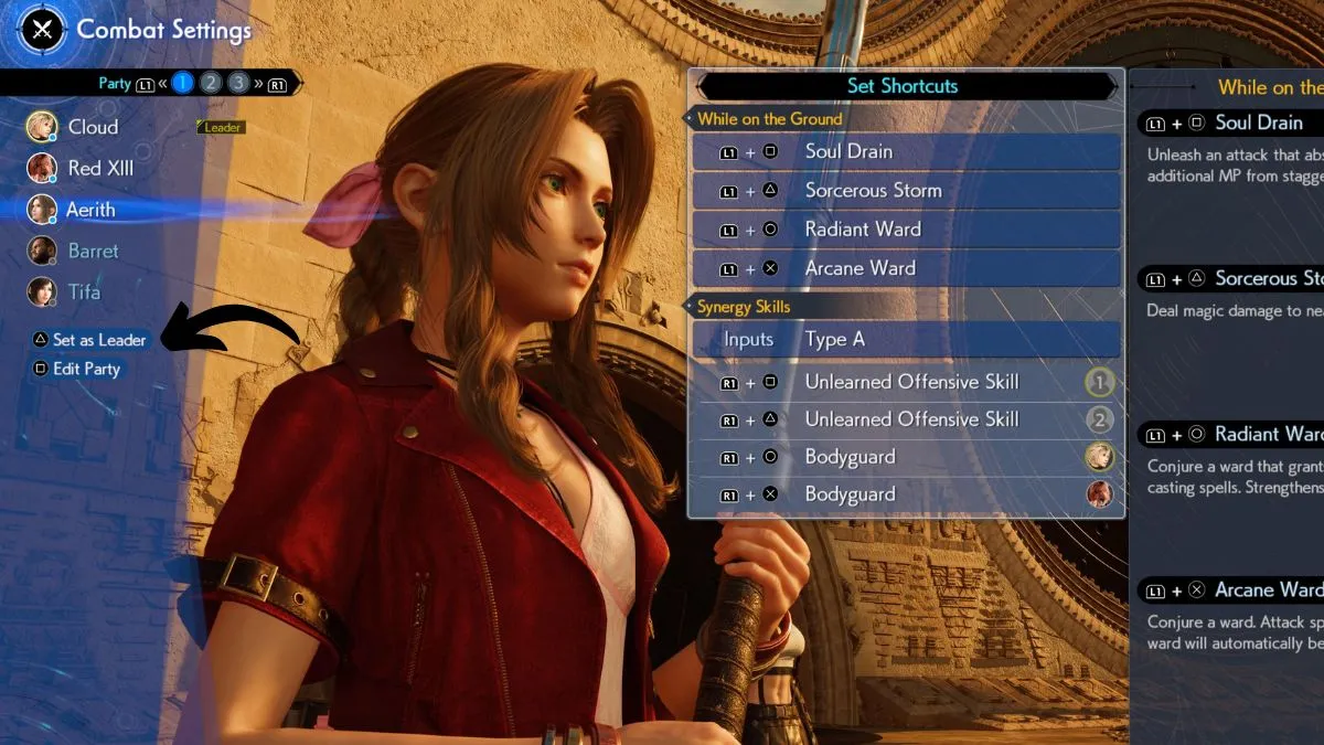 Combat settings screen in FF7 Rebirth, featuring Aerith. An arrow points to the "change party leader" option