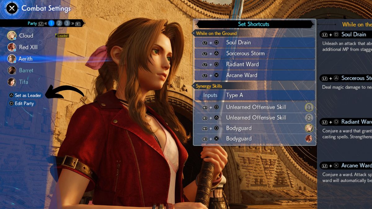 Combat settings screen in FF7 Rebirth, featuring Aerith. An arrow points to the "change party leader" option