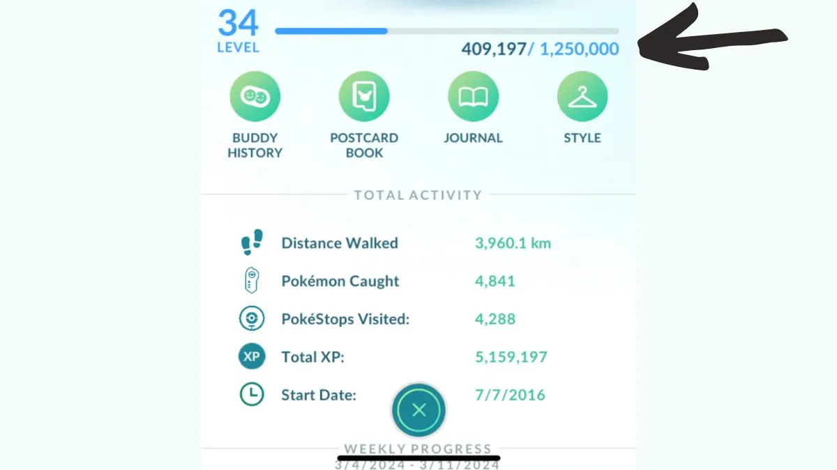 Screenshot of trainer profile in Pokemon GO, featuring current XP and stats. This image is part of an article about the fastest ways to earn XP in Pokemon GO.
