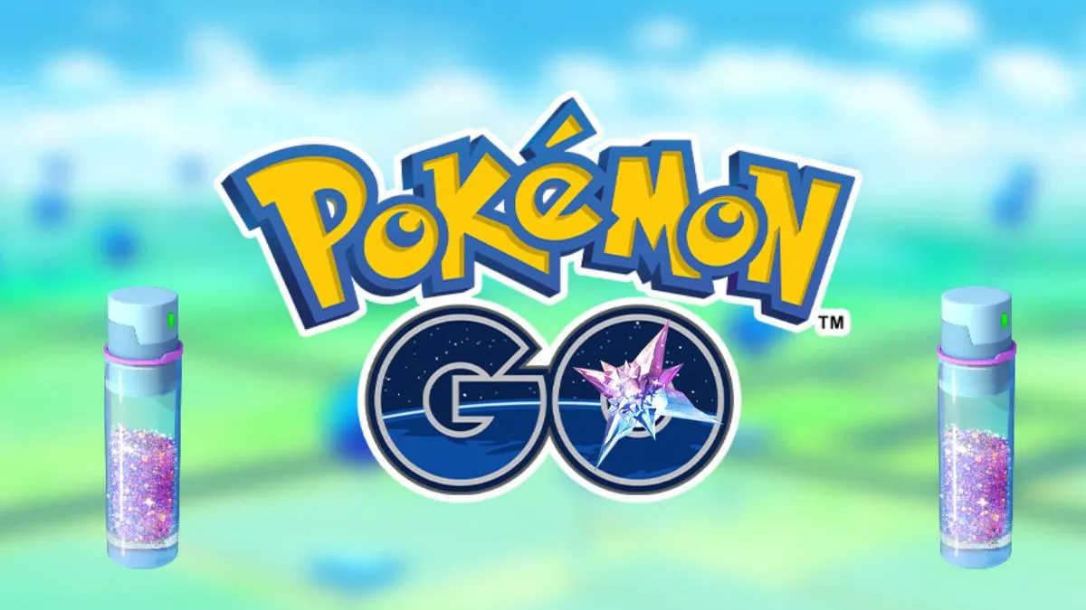 The Pokemon GO game logo, surrounded by icons of Stardust from the game