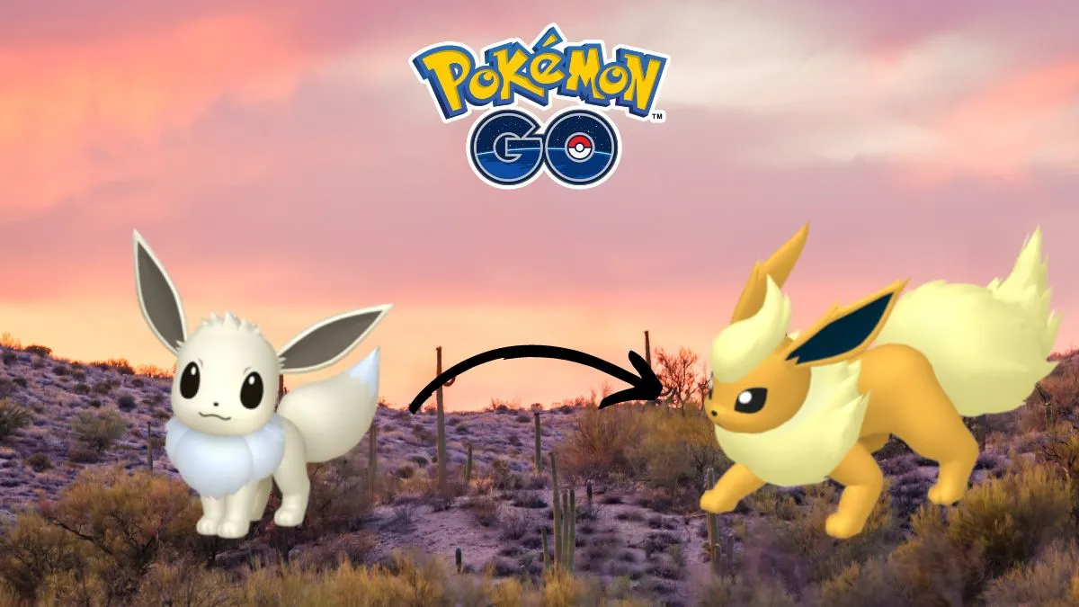 Imagen del Pokémon Eevee con una flecha apuntando a su forma evolucionada, Flareon en Pokémon GO.