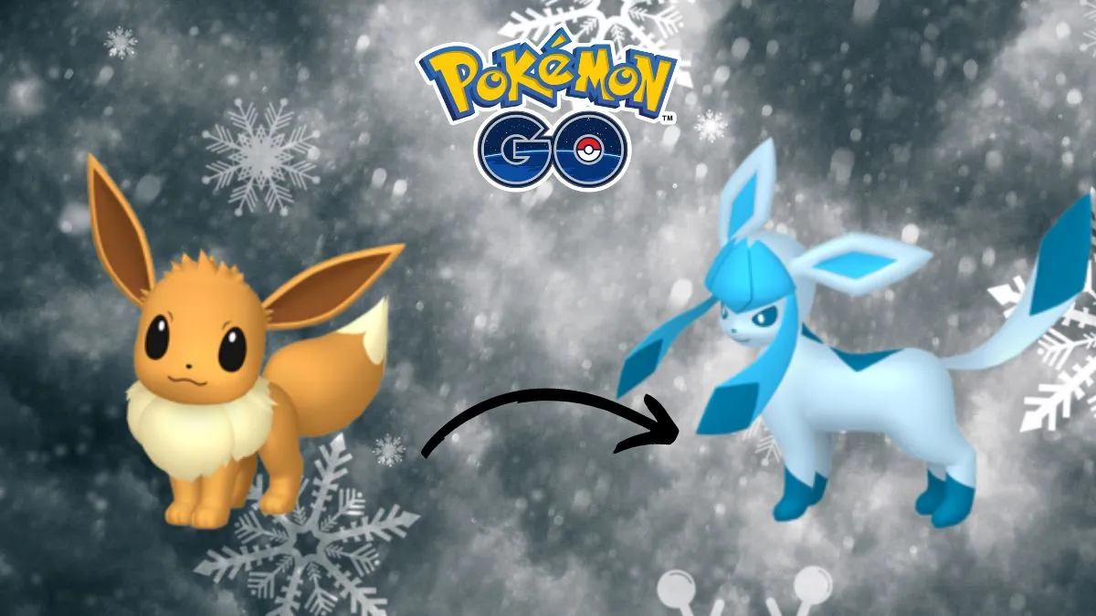 Image of the Pokemon Eevee with an arrow pointing to its evolved form, Glaceon