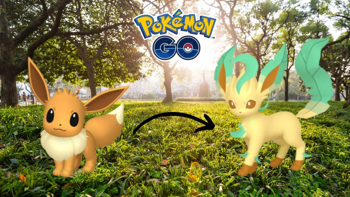 Image of Eevee, with an arrow pointing to its evolved form Leafeon
