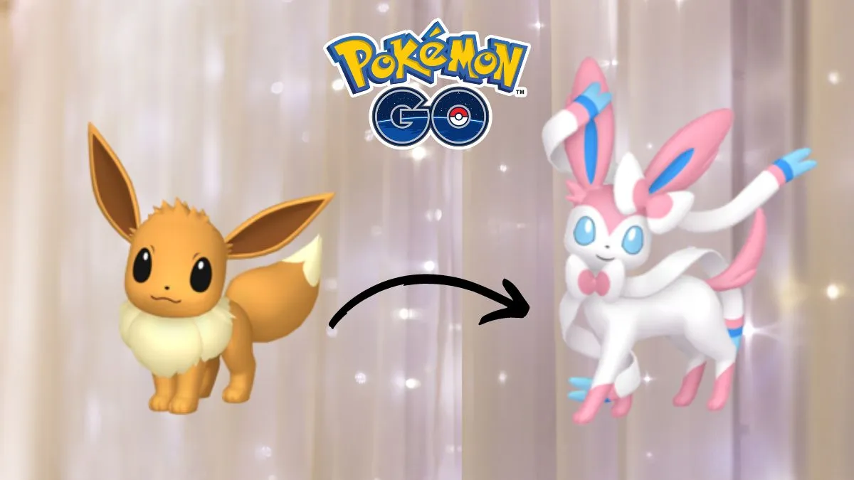 Imagen del Pokémon Eevee, con una flecha apuntando a su forma evolucionada Sylveon en Pokémon GO