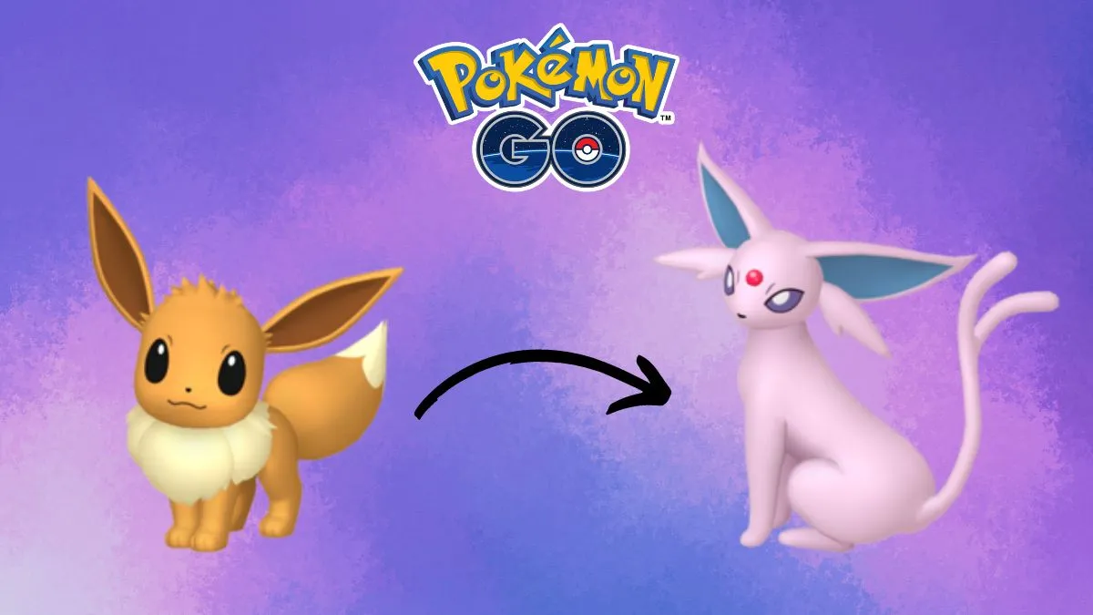 Image of the Pokemon Eevee, with an arrow pointing to its evolved form Espeon in Pokemon GO.