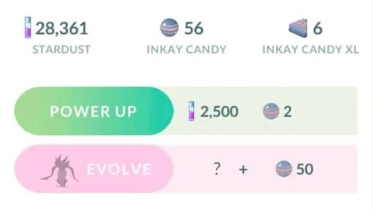 Screenshot of Pokemon GO, showing the evolve button for turning Inkay into Malamar