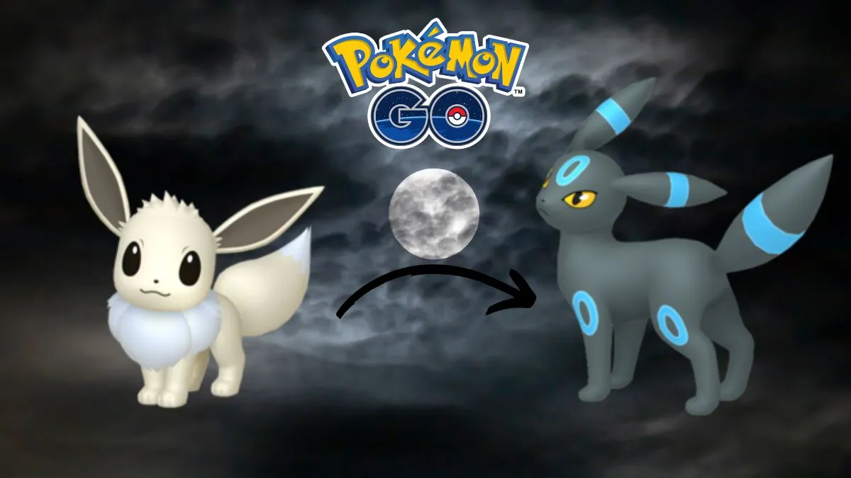 An image of the Pokemon Eevee with an arrow pointing to its evolved form Umbreon