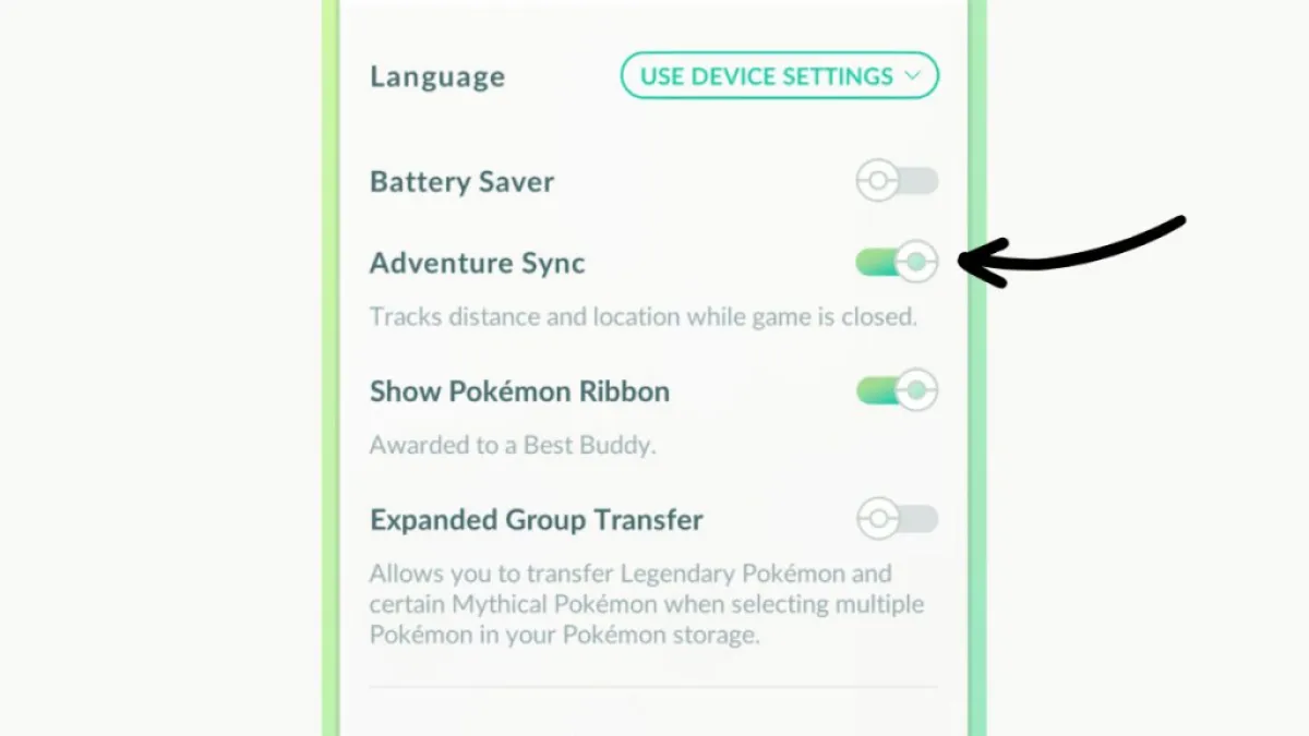 Screenshot of Pokemon GO settings menu, with an arrow pointing to the Adventure Sync setting