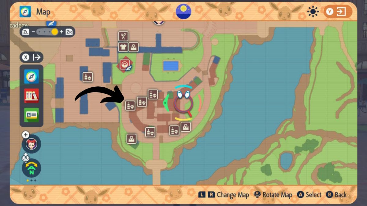 Screenshot of the map in Pokemon Scarlet and Violet, zoomed in to show shop icons