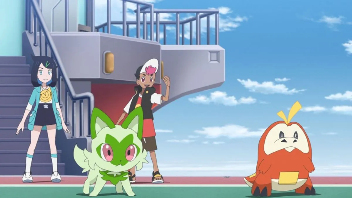 Liko and Roy in a battle, using their partner Pokemon Sprigatito and Fuecoco