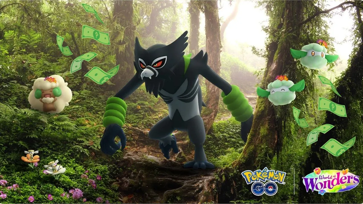 Image of Zarude in a forest, surrounded by cash