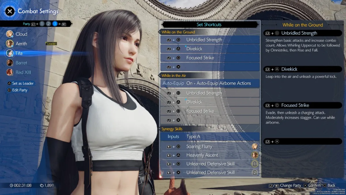 An image showing Tifa next to a list of her skills in Final Fantasy 7 (FF7) Rebirth as part of an article on how to swap party members in the game.