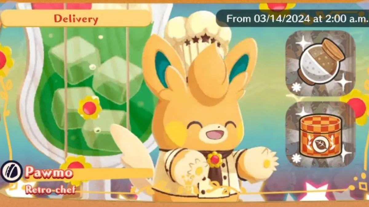 Pawmo dressed in the Retro Chef Outfit in Pokemon Cafe Remix