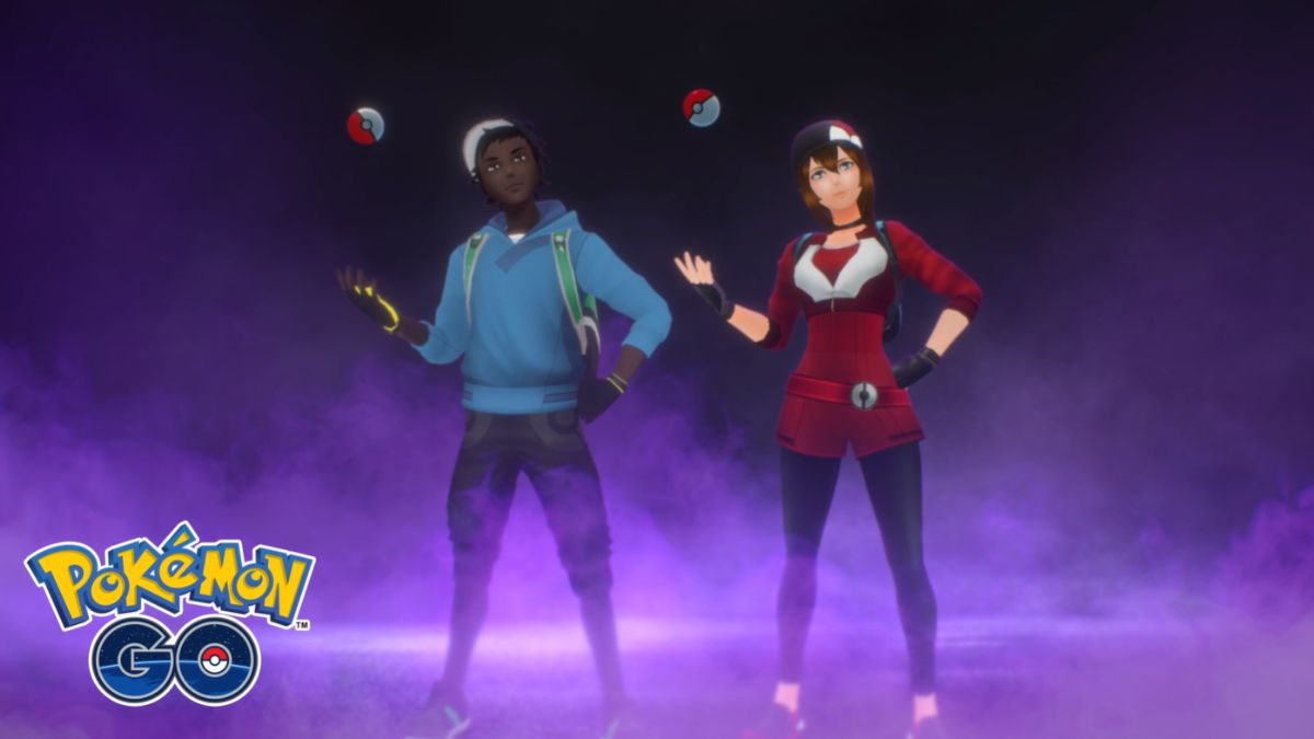 Two avatars from Pokemon GO tossing PokeBalls in the air with a shadowy background
