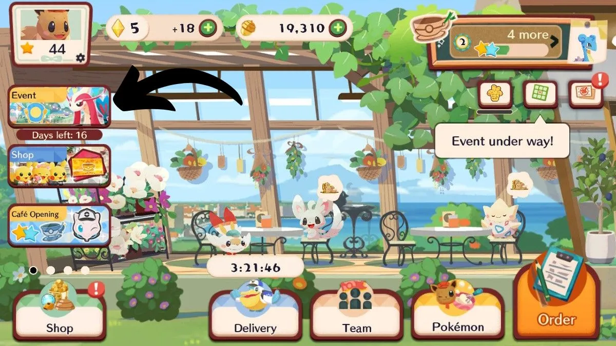 Captura de pantalla de la pantalla de inicio de Pokemon Cafe Remix, con una flecha apuntando al botón del evento Milotic