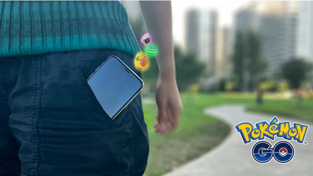 Image of a person's phone in their pocket with an Egg and Candy from Pokemon GO