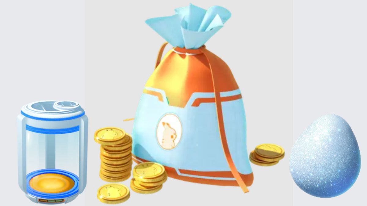 Imagen de una bolsa de PokeCoins rodeada por una Incubadora y un Huevo de la Suerte de Pokémon GO