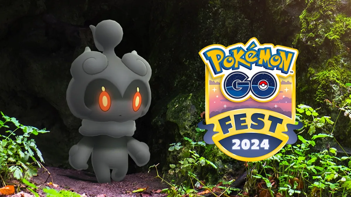 Image of Pokemon GO Fest 2024 logo with the Pokemon Marshadow next to it