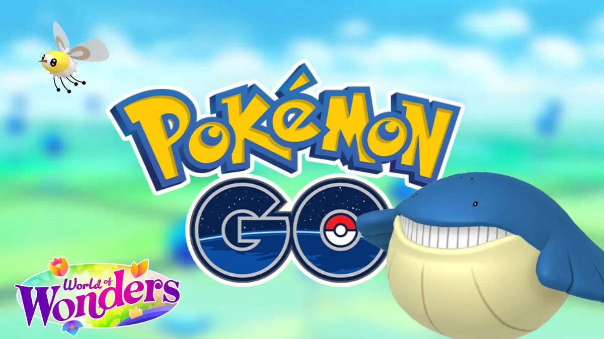 The Pokemon GO logo and World of Wonders season logo over the game map, with a huge Wailmer and tiny Cutiefly