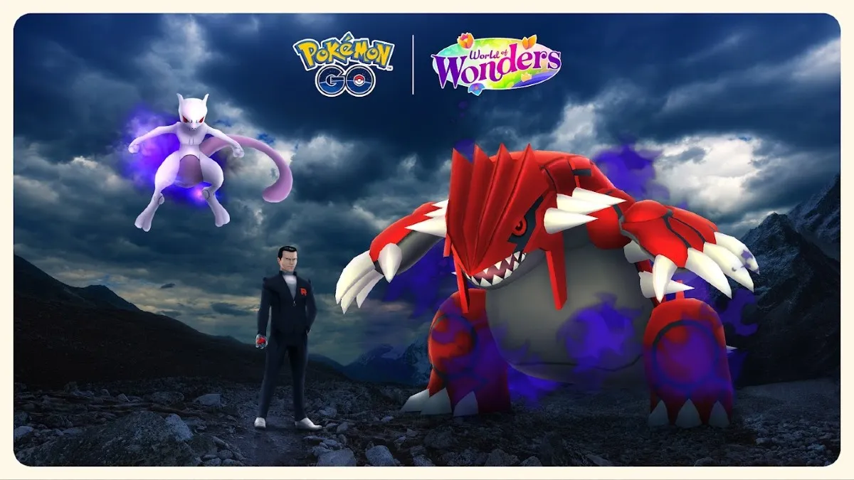 Promo image featuring Giovanni from Team GO Rocket, along with Shadow Mewtwo and Shadow Groudon