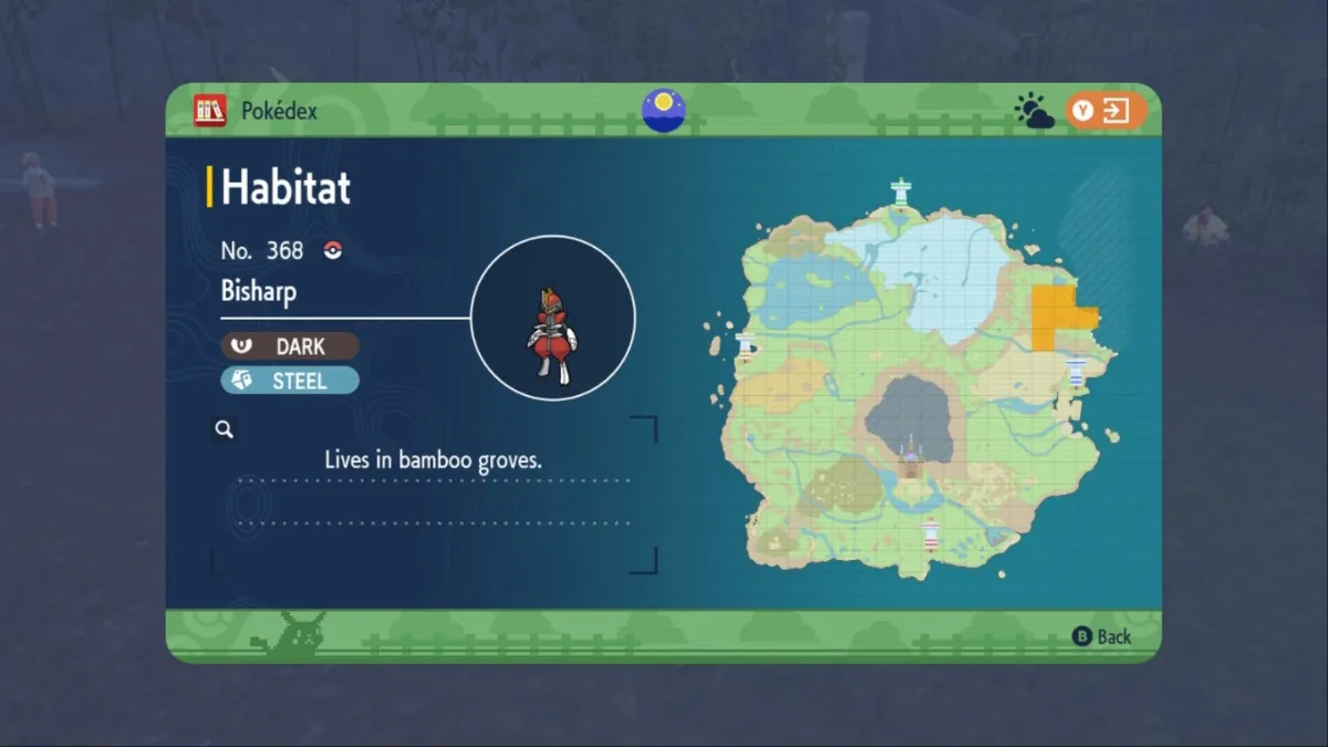 Pokemon Scarlet and Violet screenshot of Bisharp's habitat location in the Pokedex