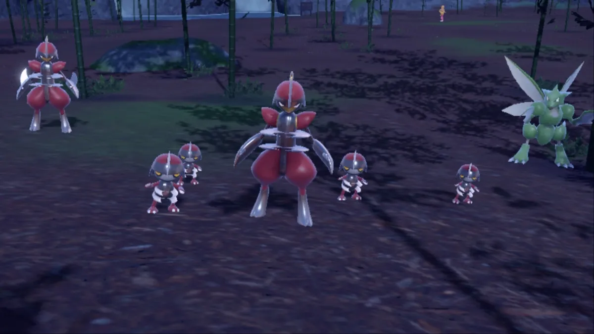 Pokemon Scarlet and Violet screenshot of a Bisharp with a group of Pawniard in the bamboo grove