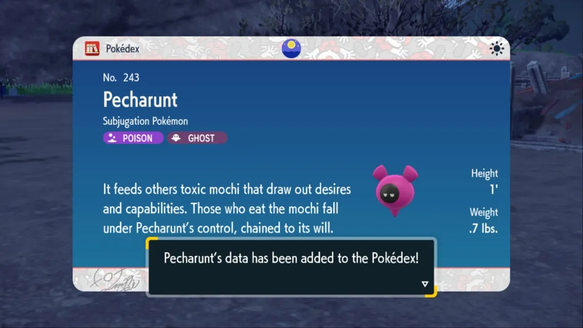 Pokemon Scarlet and Violet screenshot of Pecharunt's Pokedex entry