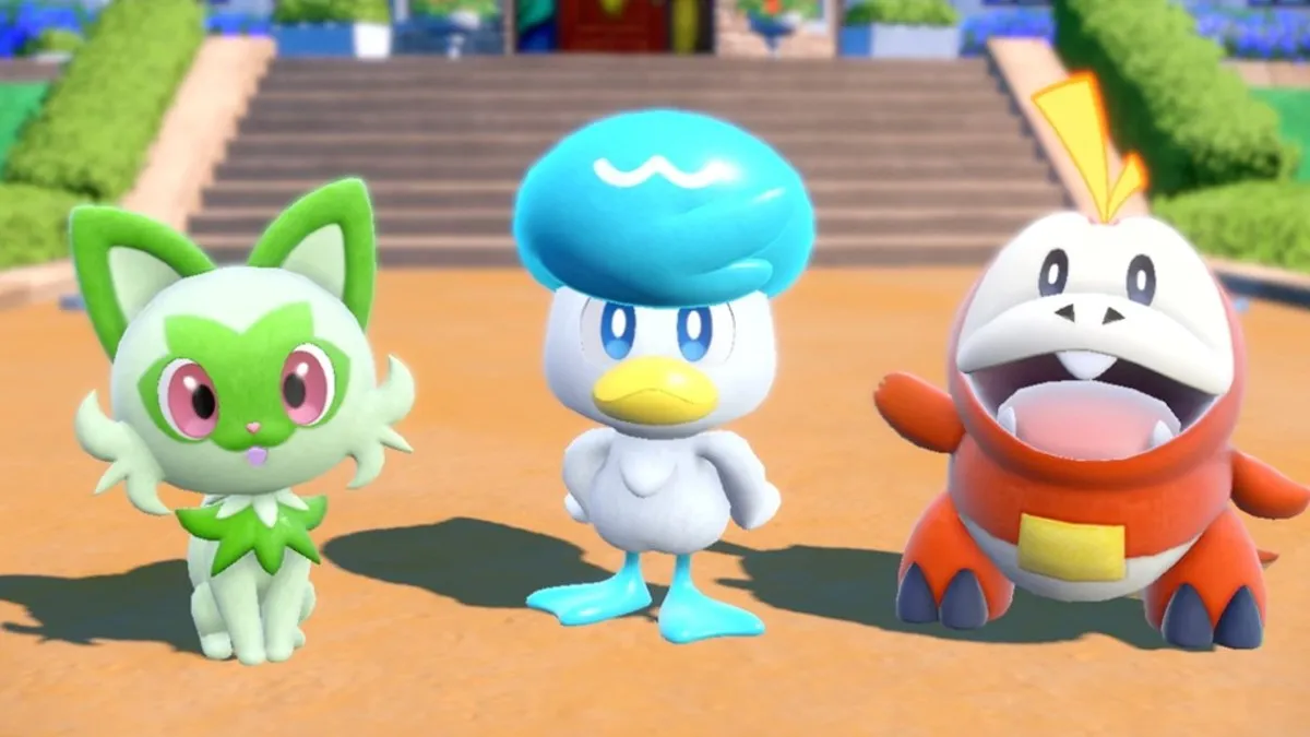 An image of the three starter Pokemon in Paldea, Sprigatito, Quaxly, and Fuecoco