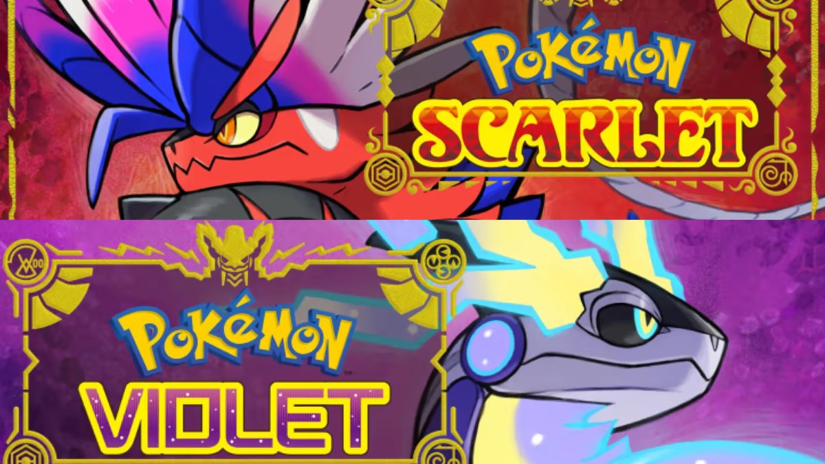 Cover art for Pokemon Scarlet and Pokemon Violet, featuring Koraidon and Miradon as well as the game logos