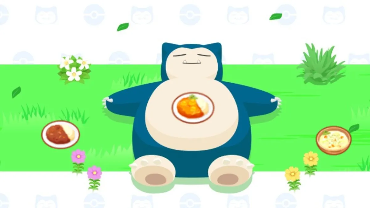 Image of Snorlax from Pokemon Sleep, surrounded by curry dishes
