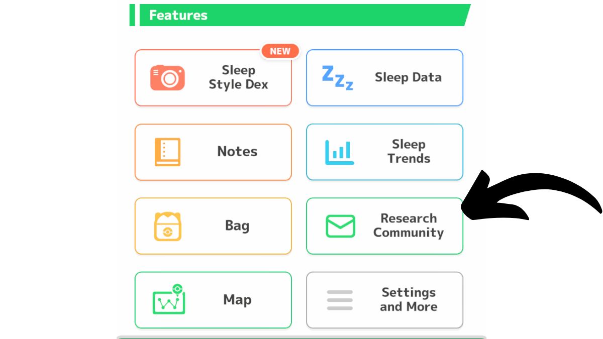 The main menu in Pokemon Sleep with an arrow pointing to the Research Community