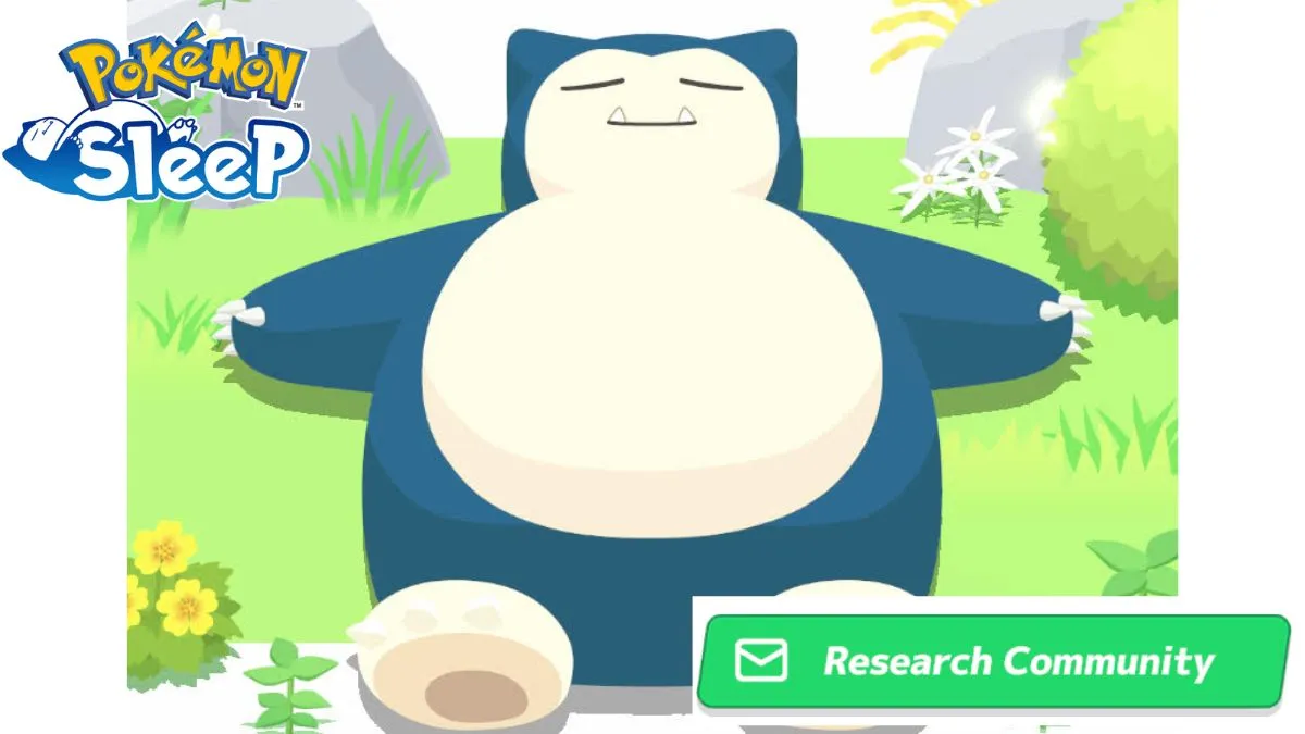 Image of Snorlax sleeping in a field with the Pokemon Sleep logo and Research Community icon