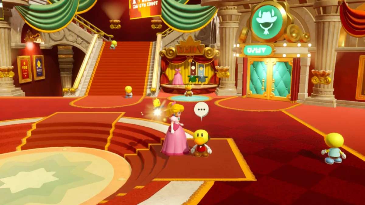 Princess Peach stands next to a Theet for a minigame