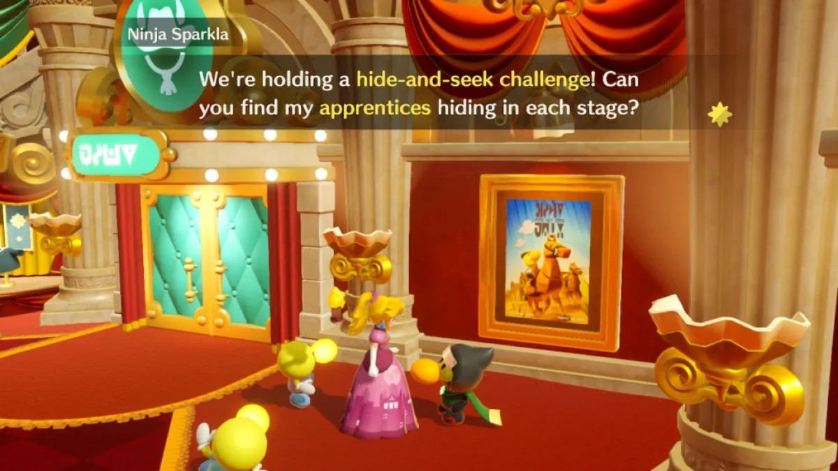 Princess Peach is tasked with finding hidden ninjas. This image is part of an article about all post-game content in Princess Peach: Showtime