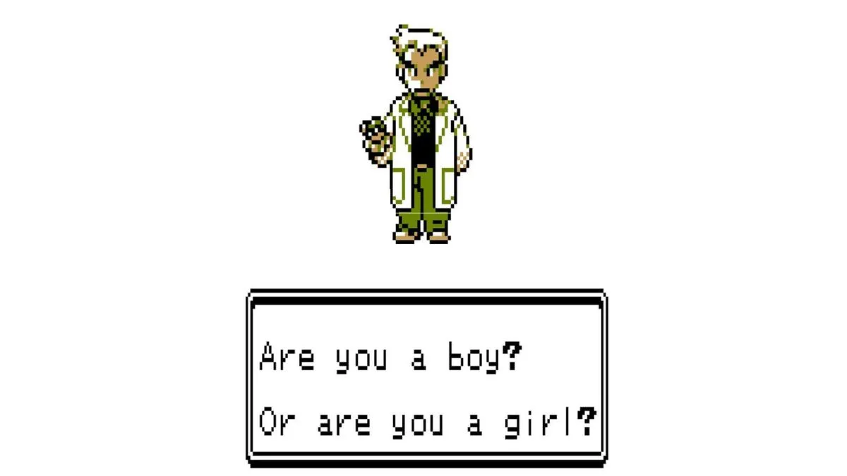 El profesor Oak de Pokémon pregunta si eres niño o niña.