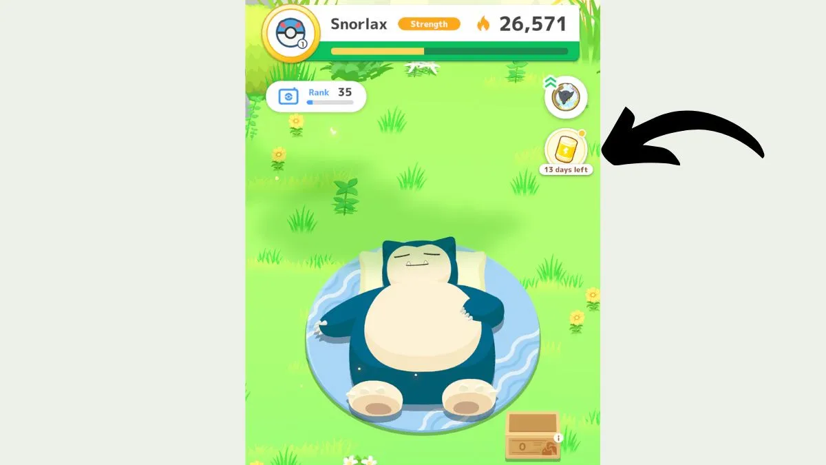 Screenshot of Pokemon Sleep homescreen, with arrow pointing to the Raikou Event Exchange icon